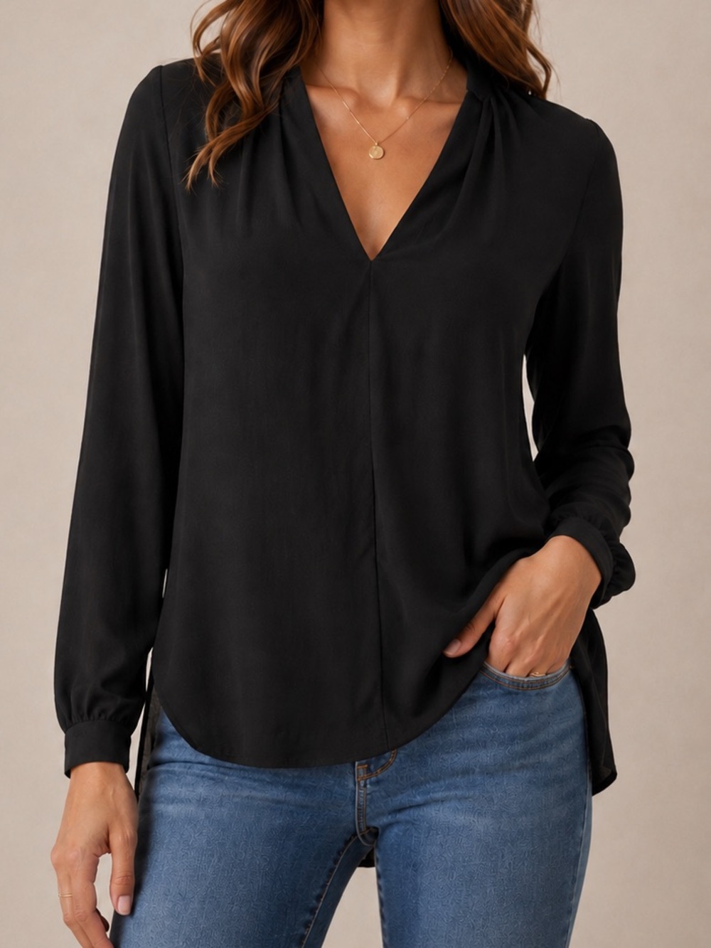 Velvet By Graham & Spencer Black Long Sleeve Blouse Top V-neck Shirt Dressy Med